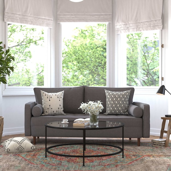 Dark Gray Faux Linen Upholstered Tufted Sofa